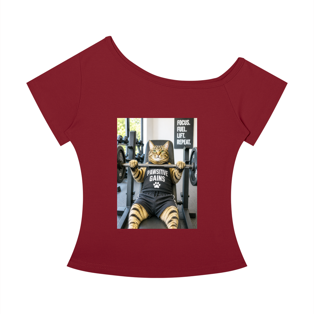 Women’s Off-the-Shoulder T-Shirt Bench Press Boss – Tabby Cat Tee