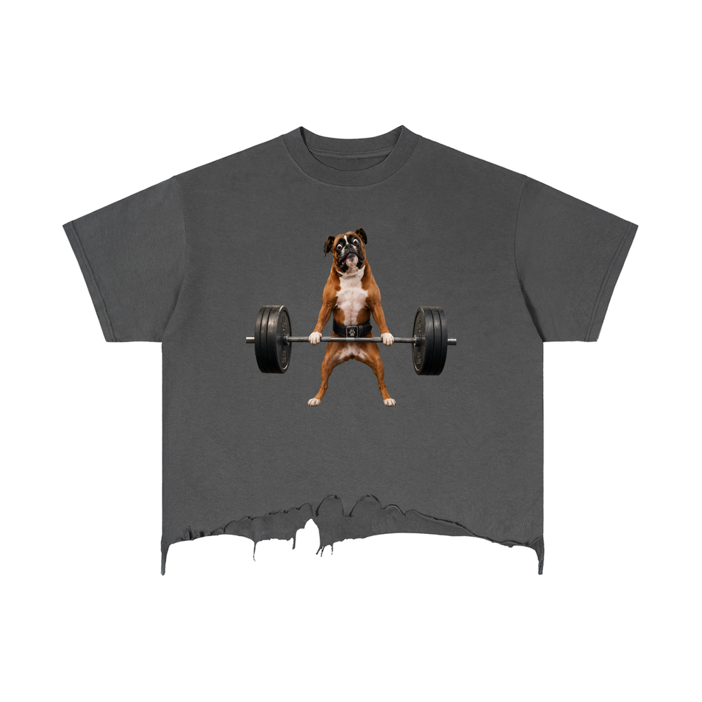 Vintage Wash Boxy Distressed Hem T-Shirt Boxer Lifting Barbell