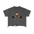 Vintage Wash Boxy Distressed Hem T-Shirt Boxer Lifting Barbell
