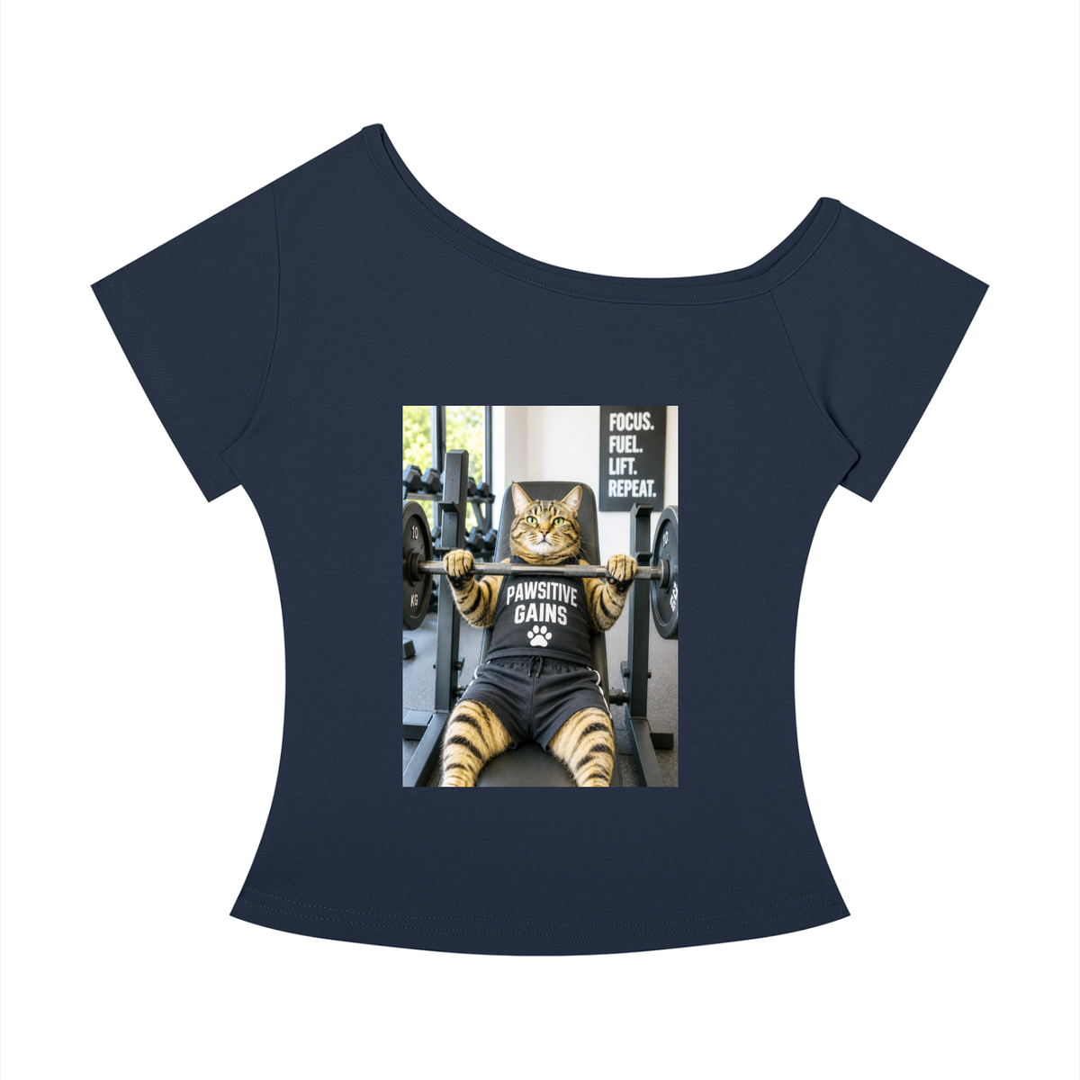Women’s Off-the-Shoulder T-Shirt Bench Press Boss – Tabby Cat Tee