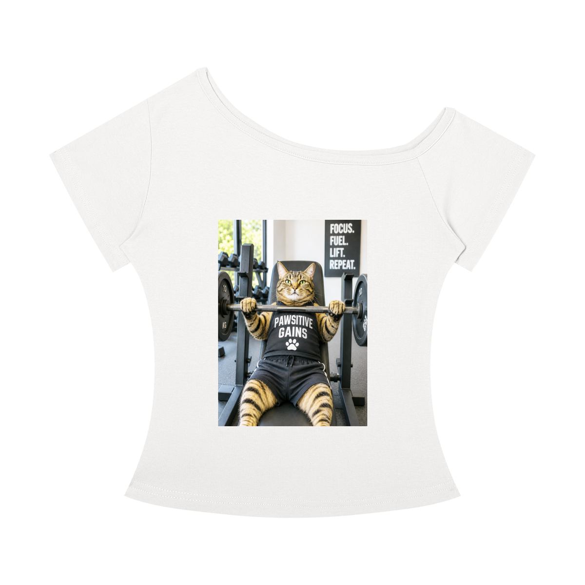 Women’s Off-the-Shoulder T-Shirt Bench Press Boss – Tabby Cat Tee