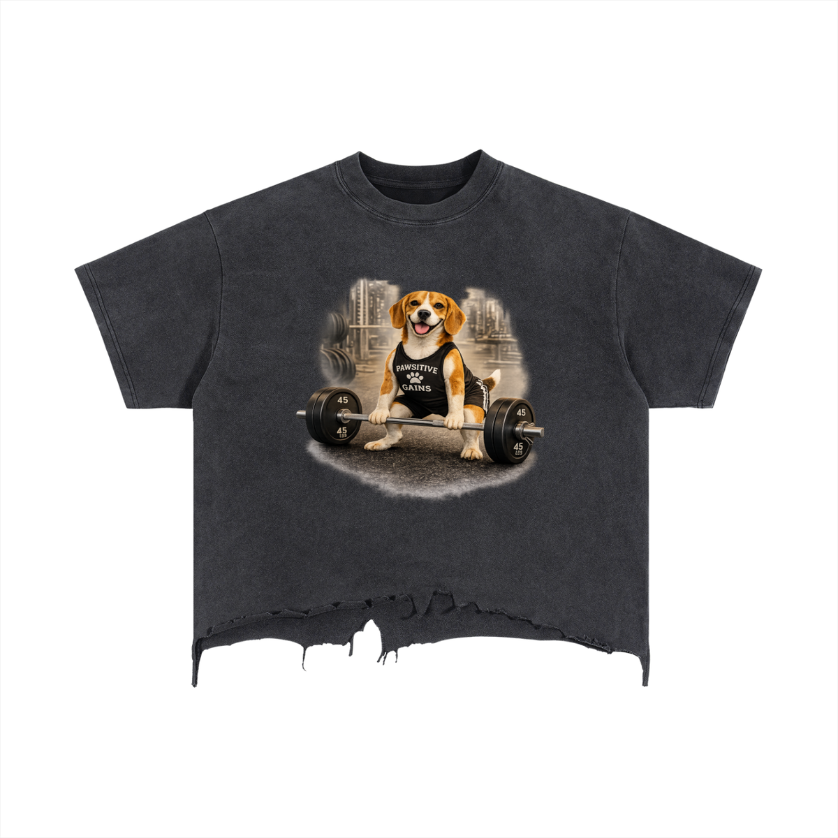 Vintage Wash Boxy Distressed Hem T-Shirt Beagle Lifting Barbell