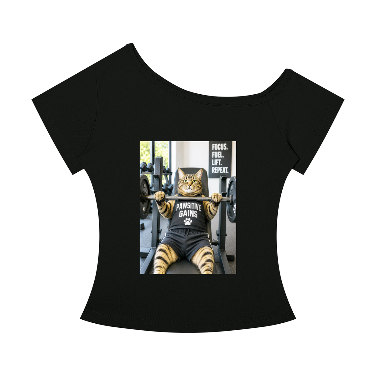 Women’s Off-the-Shoulder T-Shirt Bench Press Boss – Tabby Cat Tee