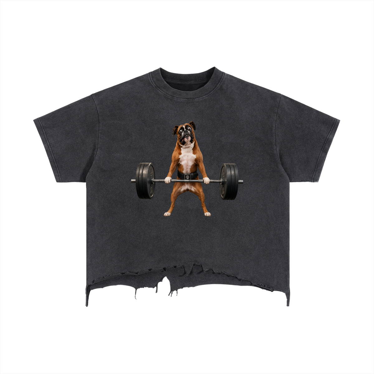 Vintage Wash Boxy Distressed Hem T-Shirt Boxer Lifting Barbell