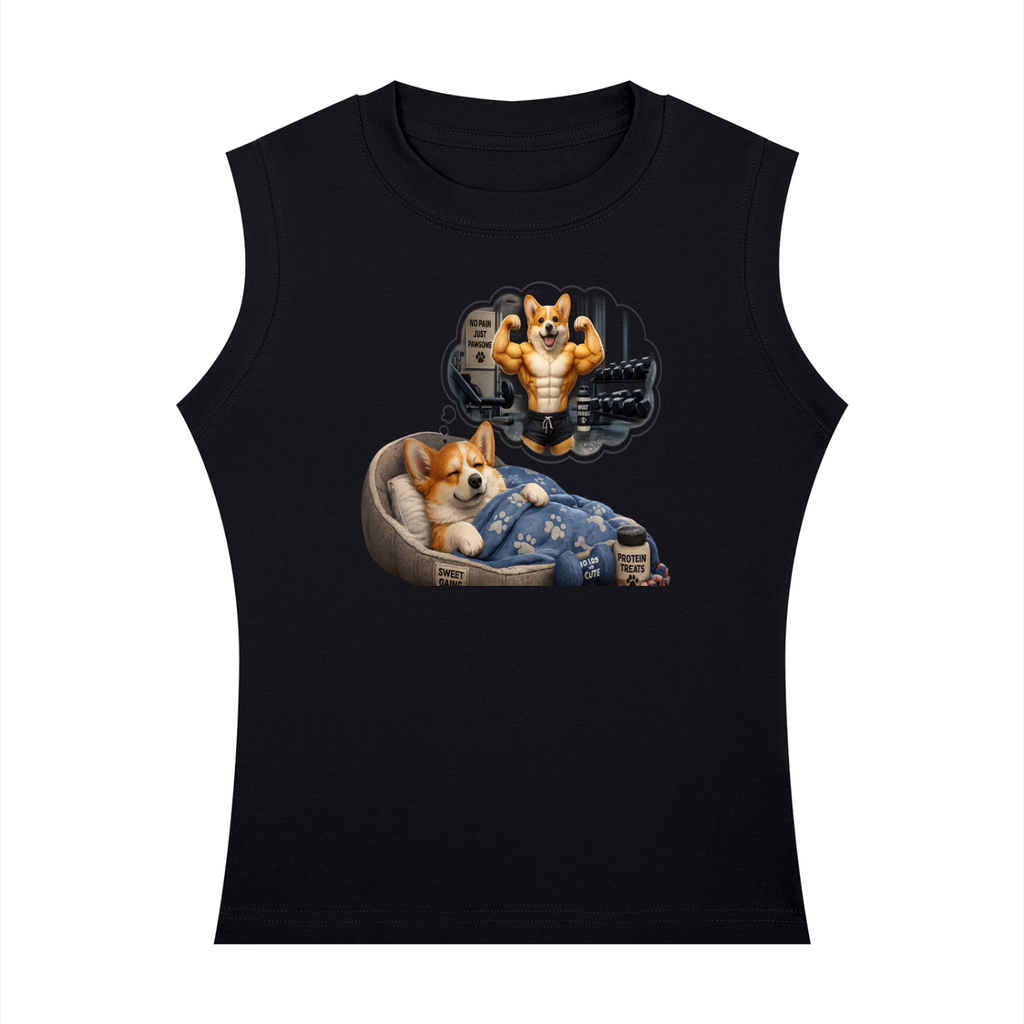 Women's Crewneck Tank Top Image of a Corgi Dreaming About Getting Buff