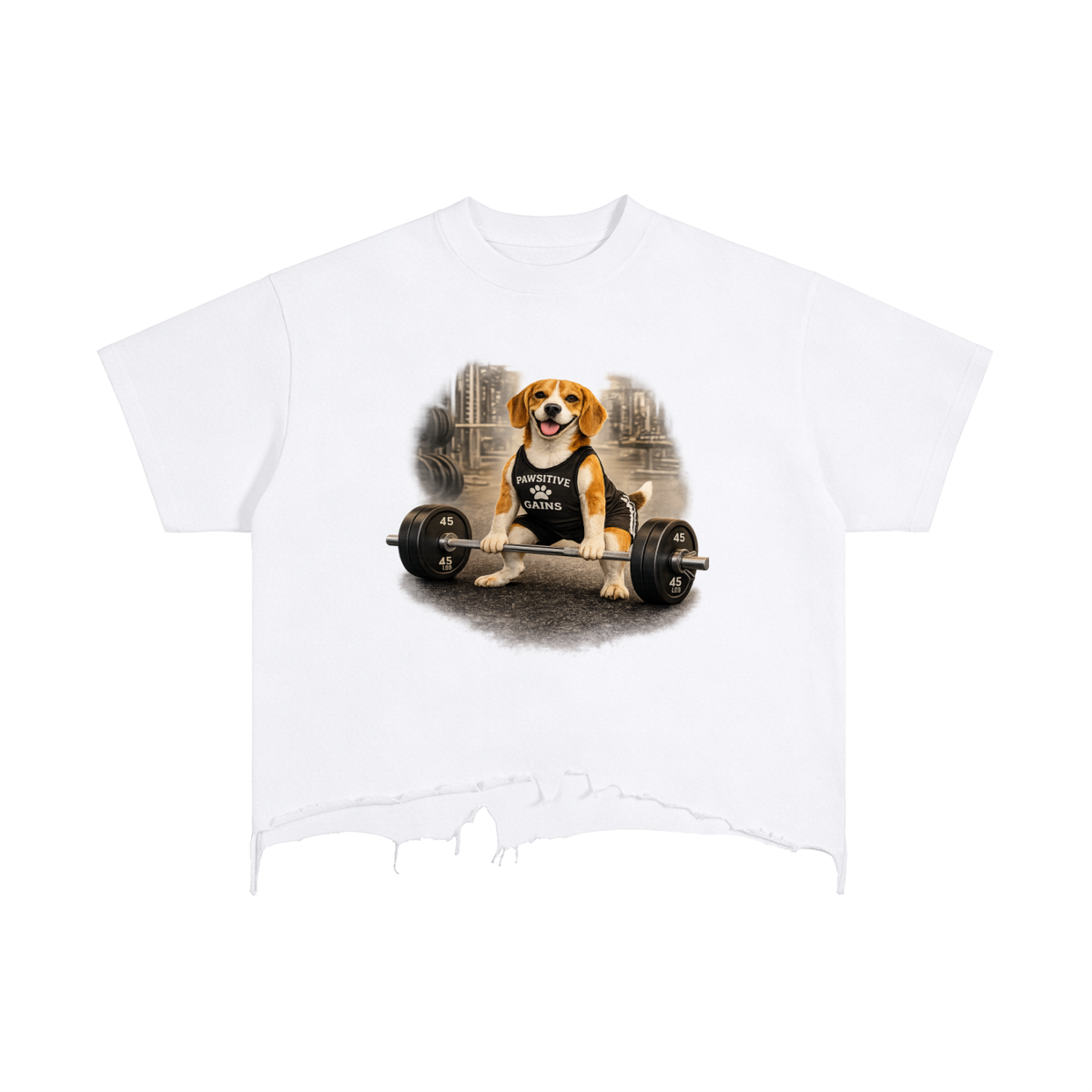 Vintage Wash Boxy Distressed Hem T-Shirt Beagle Lifting Barbell