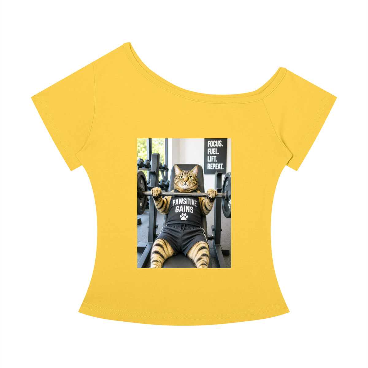 Women’s Off-the-Shoulder T-Shirt Bench Press Boss – Tabby Cat Tee