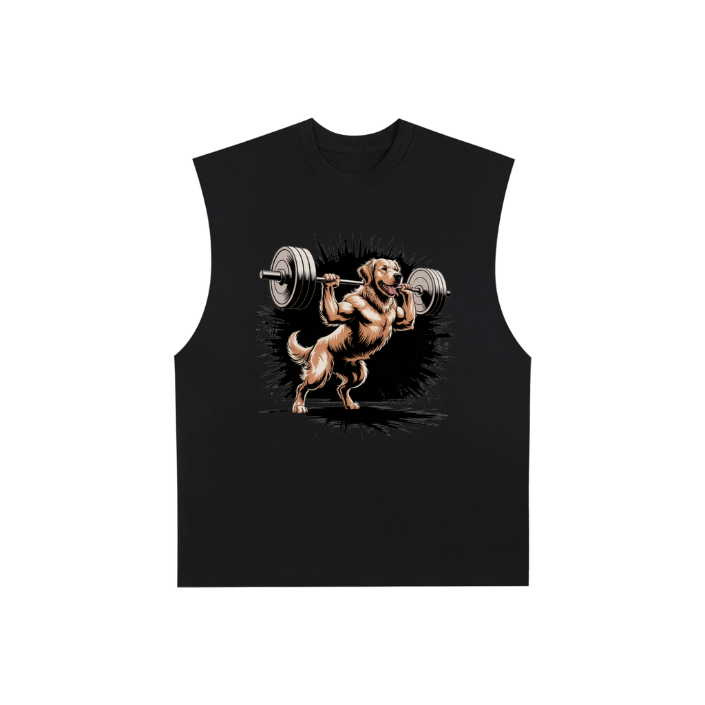 Raw Edge Cotton Tank Top With Image of A Golden Retriever Lifting A Barbell