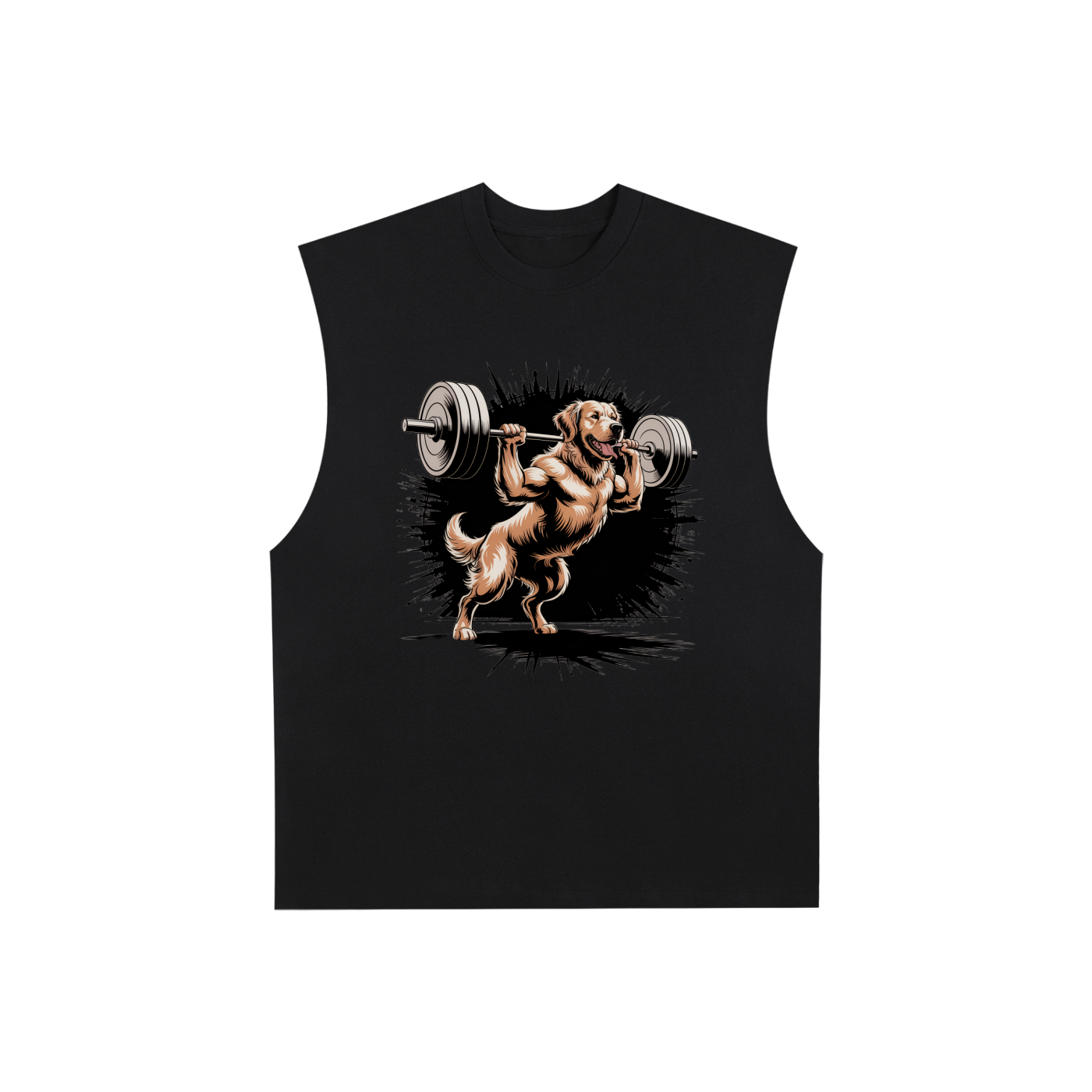 Raw Edge Cotton Tank Top With Image of A Golden Retriever Lifting A Barbell