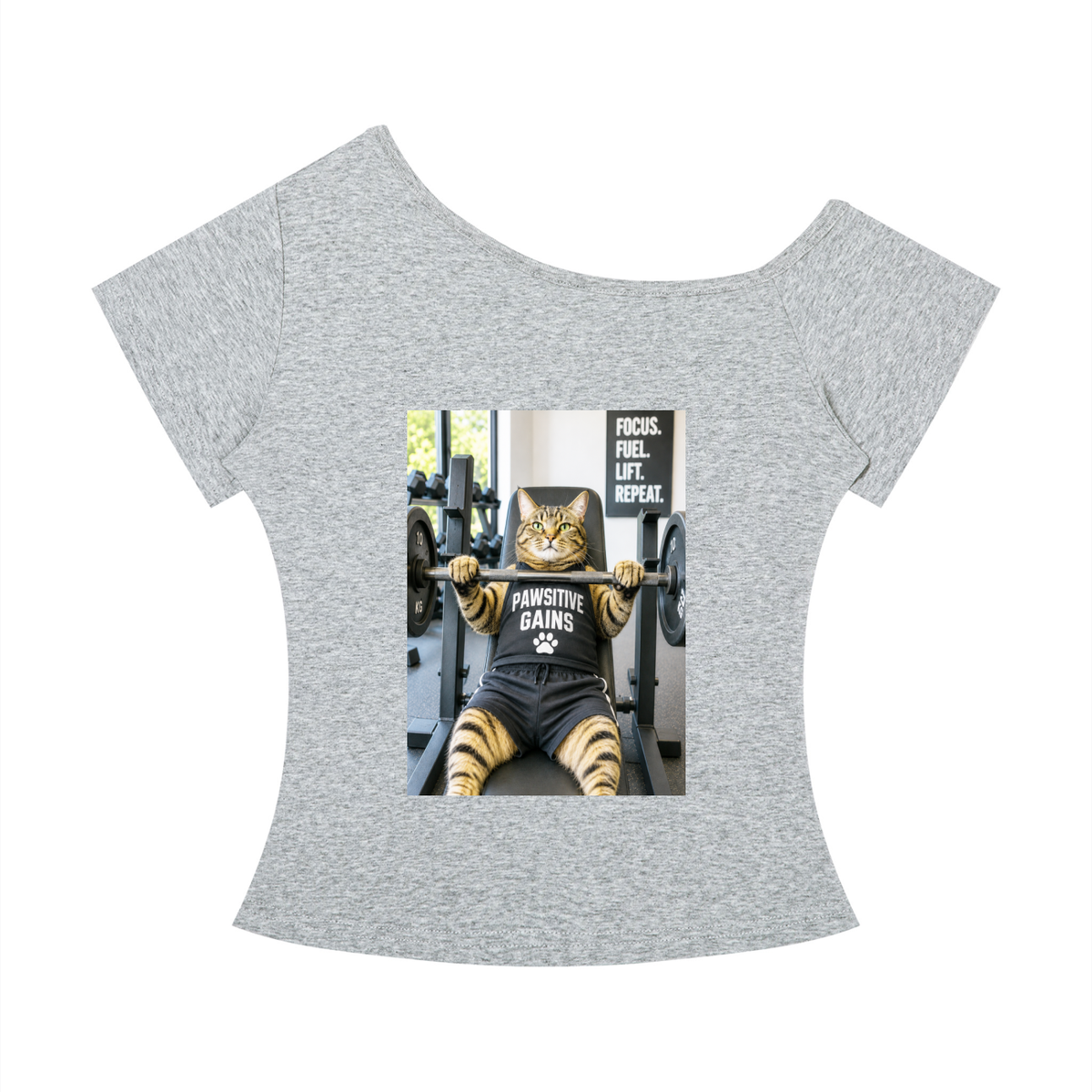 Women’s Off-the-Shoulder T-Shirt Bench Press Boss – Tabby Cat Tee