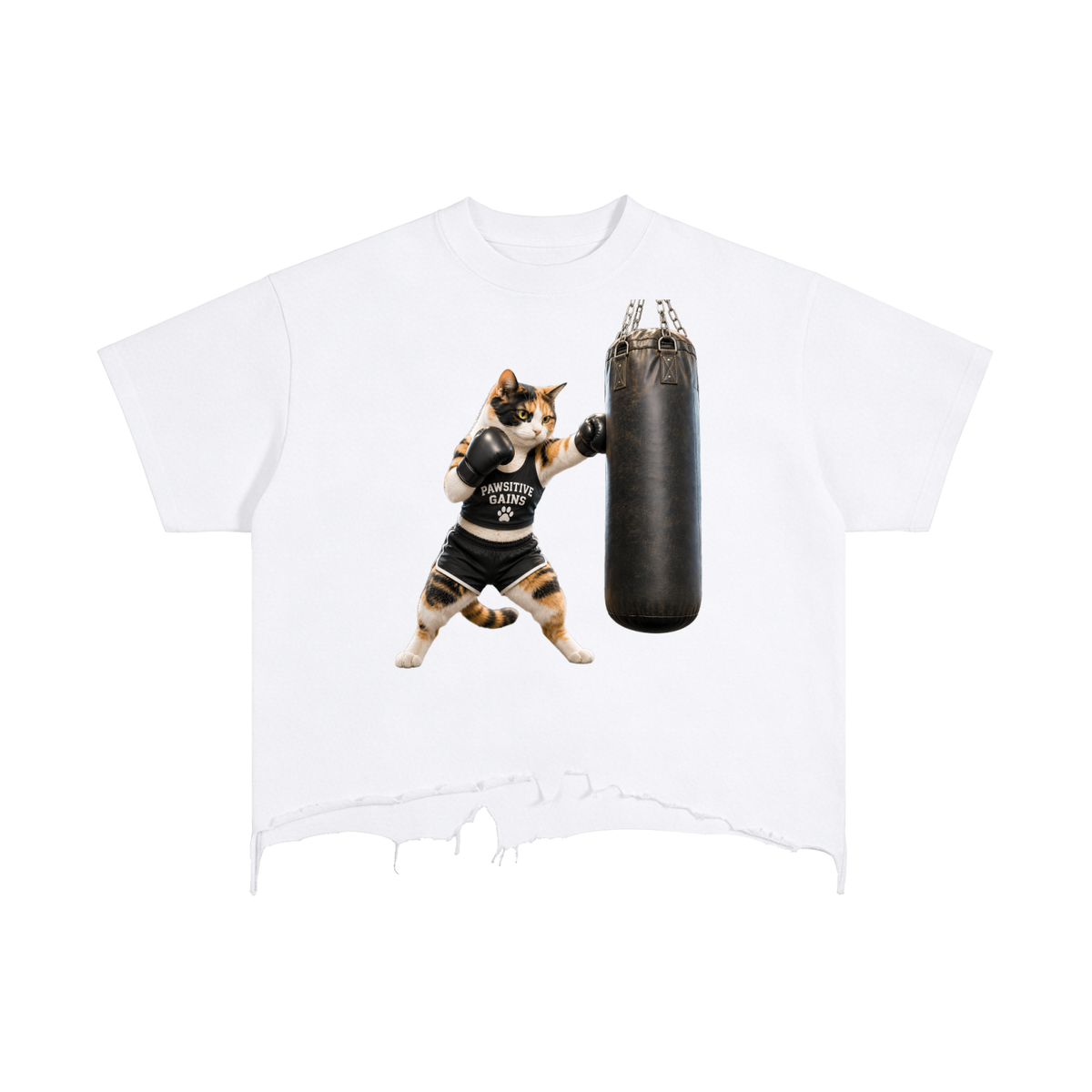 Calico Knockout – Pawsitive Gains Boxy Ragged Hem Tee