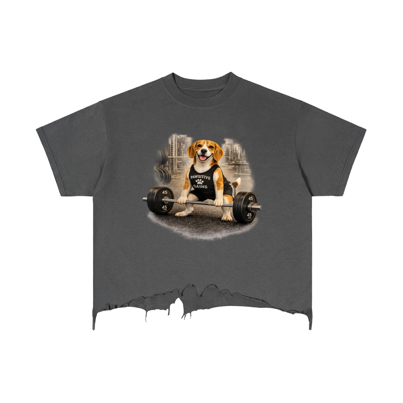 Vintage Wash Boxy Distressed Hem T-Shirt Beagle Lifting Barbell
