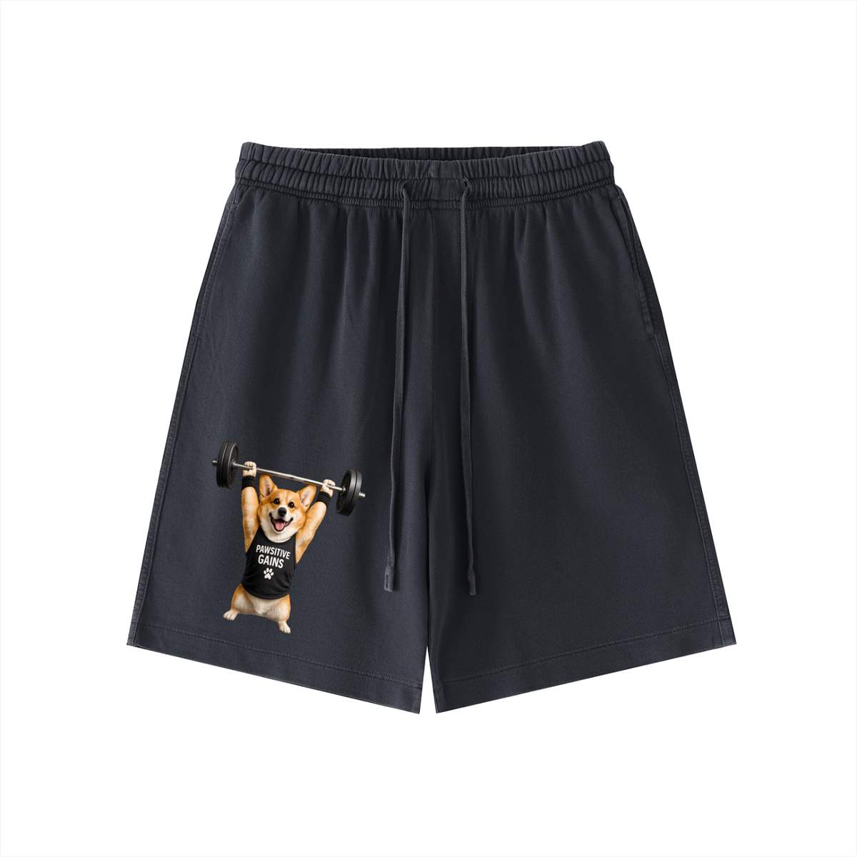 Vintage Wash Cotton Shorts Corgi lifting barbell