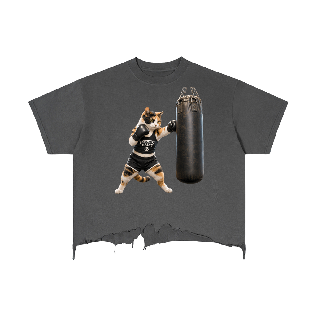 Calico Knockout – Pawsitive Gains Boxy Ragged Hem Tee